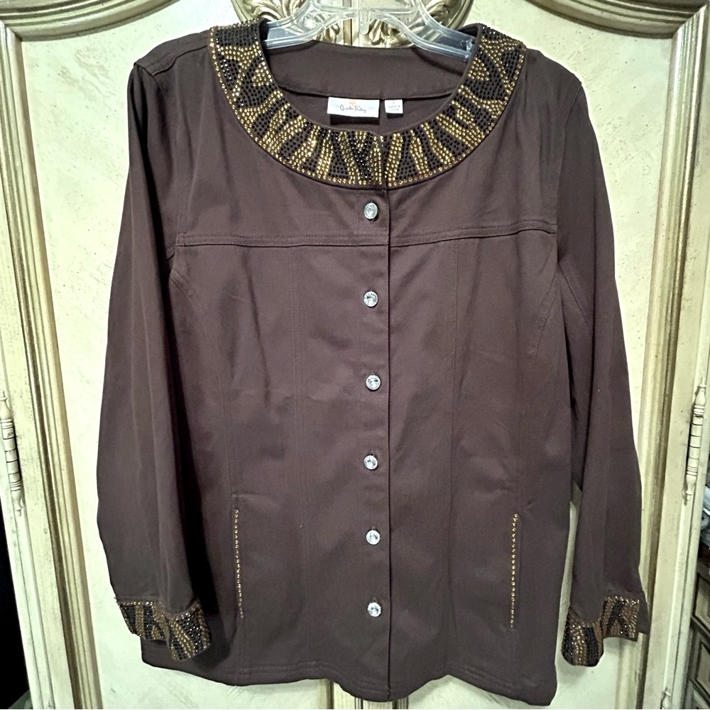 Quacker Factory Brown Gold Rhinestone Jacket NWOT